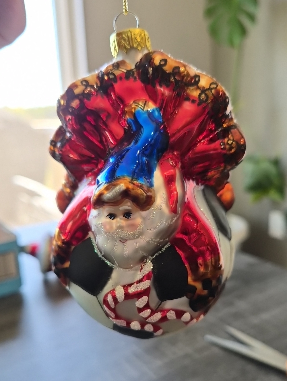 Hand Blown European glass Christmas ornament Santa on A Soccer Ball